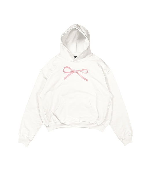 Aesthetic, ribbon desenli, ribbon, coquette, pinterest tarzı baskılı, günlük kullanıma uygun olarak pamuklu kumaştan üretilmiş oversize ekru hoodie.