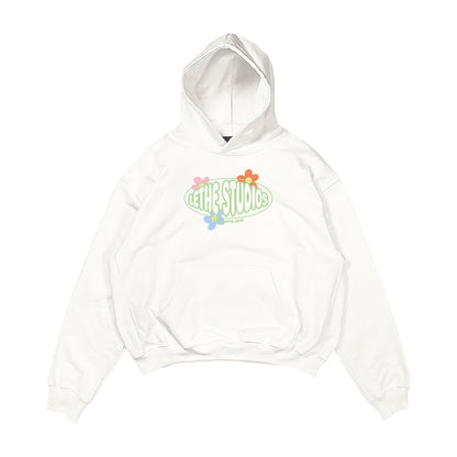 Aesthetic, stay with love desenli, cozy, pinterest tarzı, günlük kullanıma uygun olarak pamuklu kumaştan üretilmiş oversize ekru renk hoodie.