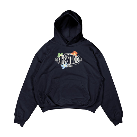 Aesthetic, stay with love desenli, cozy, pinterest tarzı, günlük kullanıma uygun olarak pamuklu kumaştan üretilmiş oversize koyu lacivert renk hoodie.