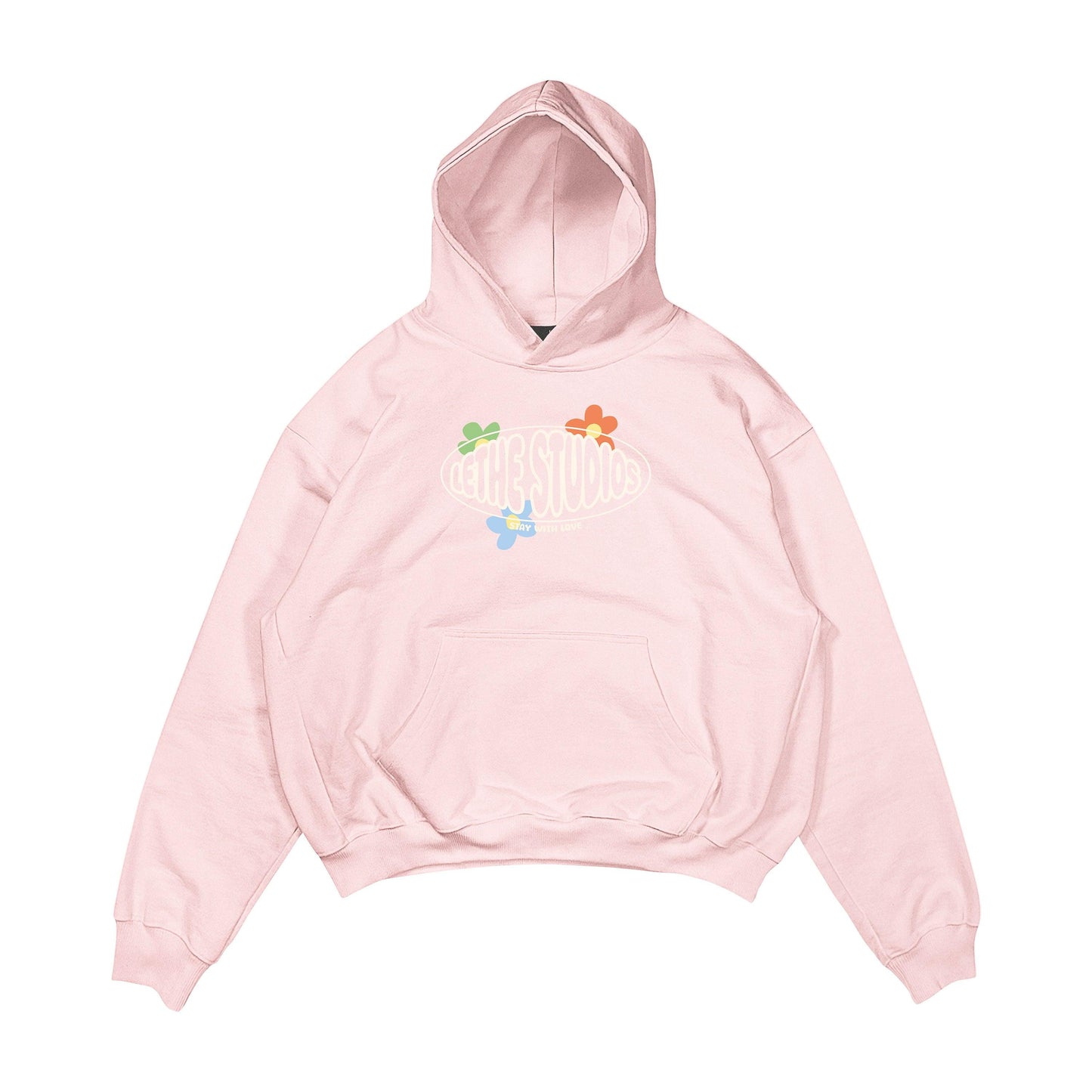 Aesthetic, stay with love desenli, cozy, pinterest tarzı, günlük kullanıma uygun olarak pamuklu kumaştan üretilmiş oversize pembe renk hoodie.