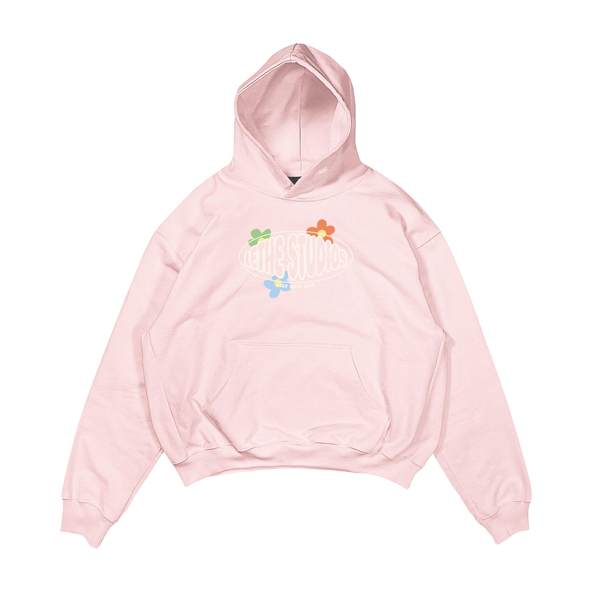 Aesthetic, stay with love desenli, cozy, pinterest tarzı, günlük kullanıma uygun olarak pamuklu kumaştan üretilmiş oversize pembe renk hoodie.
