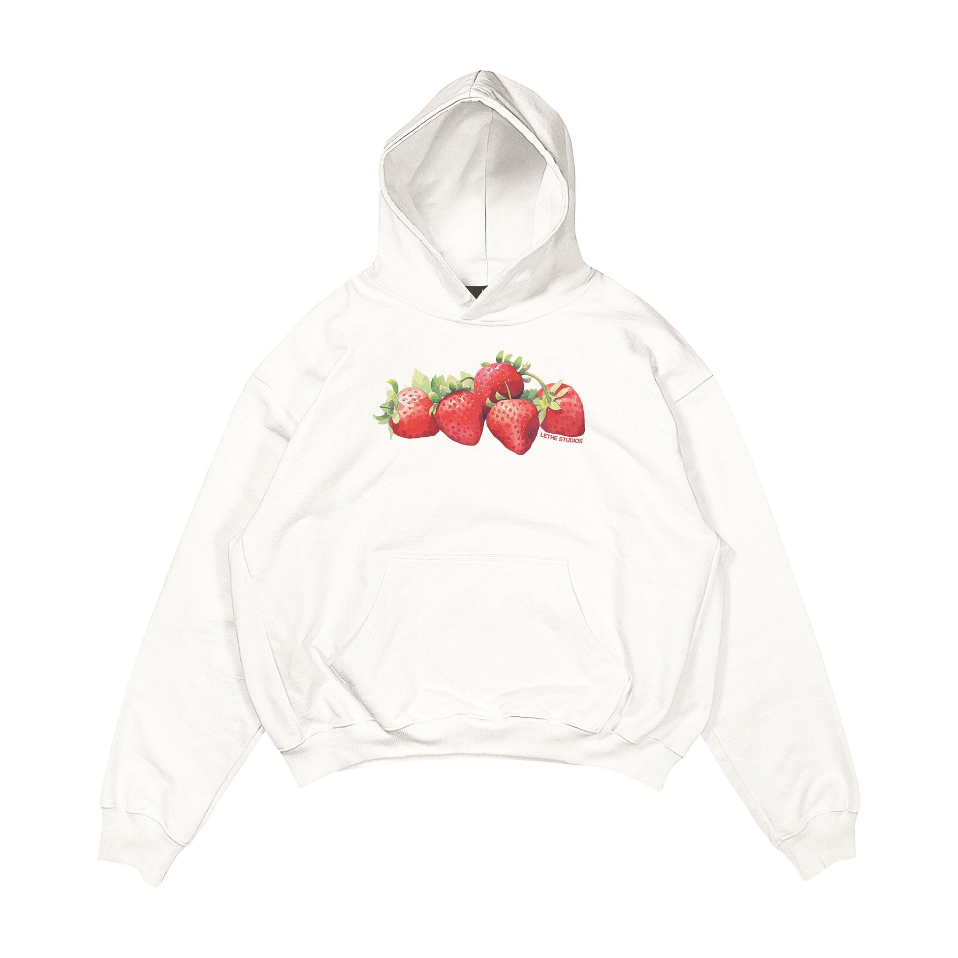 Aesthetic, çilek desenli, cozy, pinterest tarzı, günlük kullanıma uygun olarak pamuklu kumaştan üretilmiş oversize ekru renk hoodie.