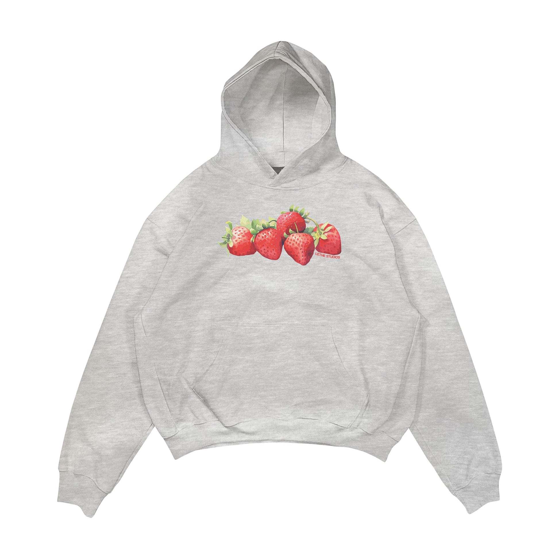 Aesthetic, çilek desenli, cozy, pinterest tarzı, günlük kullanıma uygun olarak pamuklu kumaştan üretilmiş oversize gri renk hoodie.