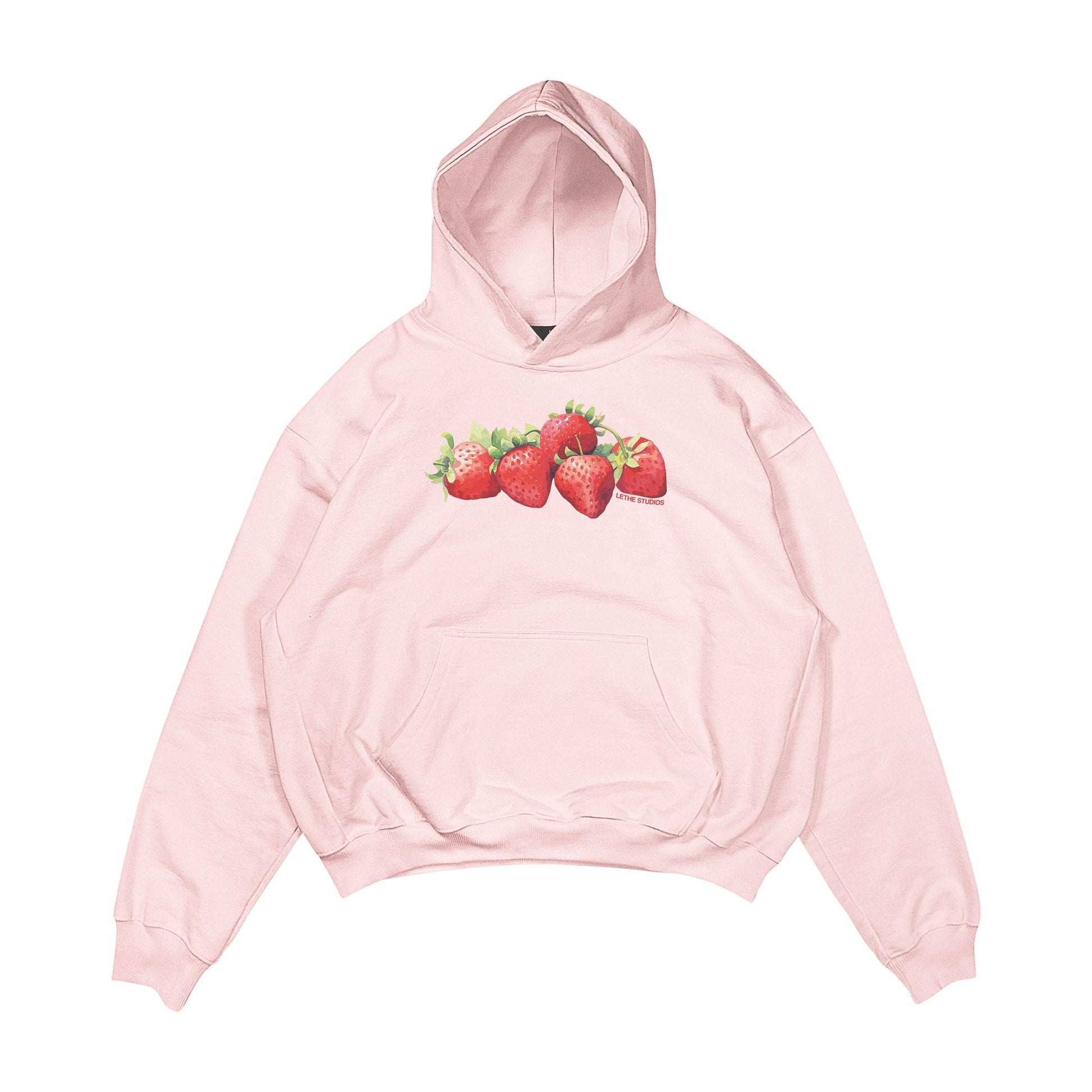 Aesthetic, çilek desenli, cozy, pinterest tarzı, günlük kullanıma uygun olarak pamuklu kumaştan üretilmiş oversize pembe renk hoodie.