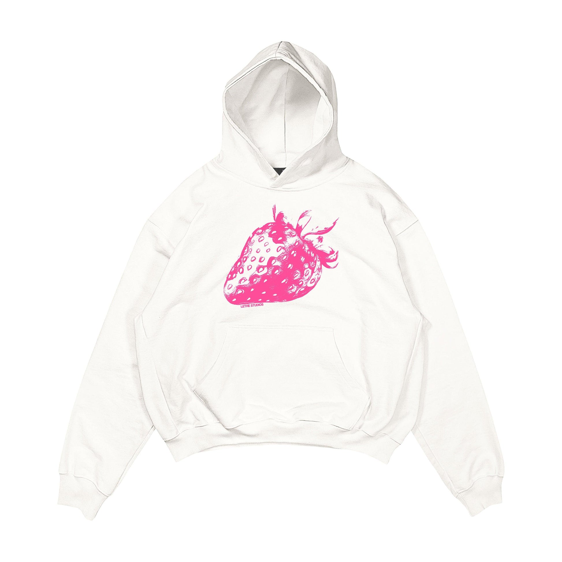 Aesthetic, çilek desenli, cozy, pinterest tarzı, günlük kullanıma uygun olarak pamuklu kumaştan üretilmiş oversize ekru renk hoodie.