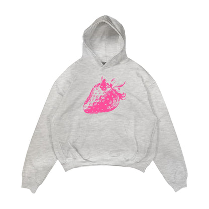 Aesthetic, çilek desenli, cozy, pinterest tarzı, günlük kullanıma uygun olarak pamuklu kumaştan üretilmiş oversize gri renk hoodie.