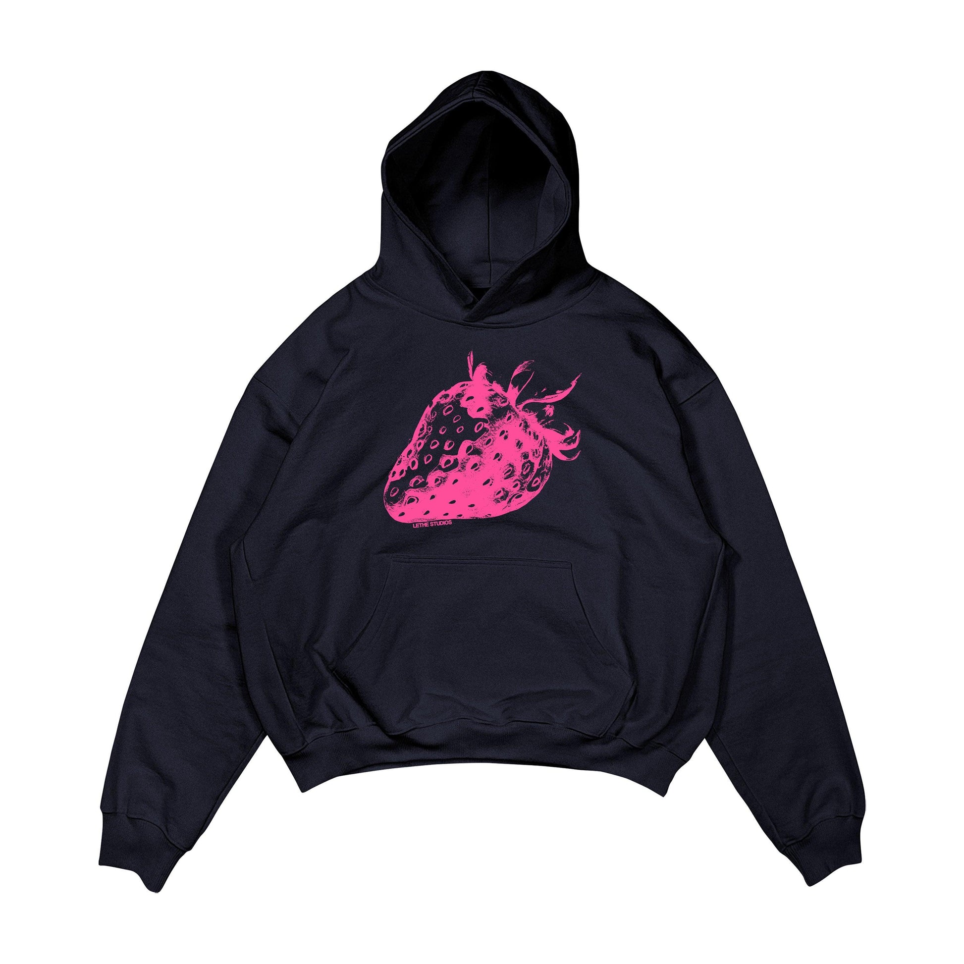 Aesthetic, çilek desenli, cozy, pinterest tarzı, günlük kullanıma uygun olarak pamuklu kumaştan üretilmiş oversize koyu lacivert renk hoodie.