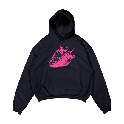 Aesthetic, çilek desenli, cozy, pinterest tarzı, günlük kullanıma uygun olarak pamuklu kumaştan üretilmiş oversize koyu lacivert renk hoodie.
