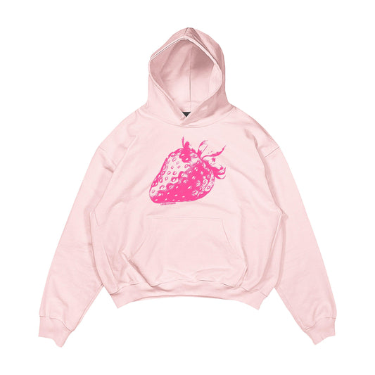 Aesthetic, çilek desenli, cozy, pinterest tarzı, günlük kullanıma uygun olarak pamuklu kumaştan üretilmiş oversize pembe renk hoodie.