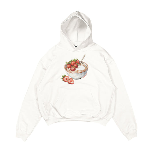 Aesthetic, çilekli yulaf kasesi desenli, cozy, pinterest tarzı, günlük kullanıma uygun olarak pamuklu kumaştan üretilmiş oversize ekru renk hoodie.