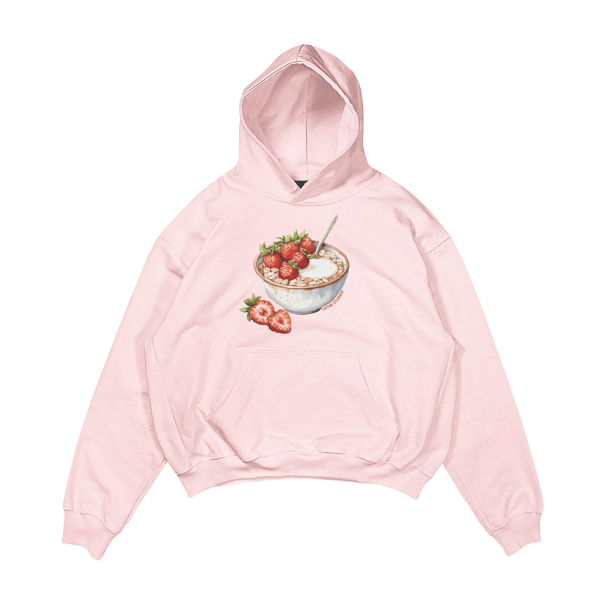Aesthetic, çilekli yulaf kasesi desenli, cozy, pinterest tarzı, günlük kullanıma uygun olarak pamuklu kumaştan üretilmiş oversize pembe renk hoodie.