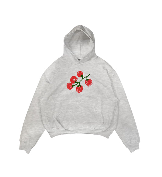 Aesthetic, tomatoes desenli, pinterest tarzı, günlük kullanıma uygun olarak pamuklu kumaştan üretilmiş oversize gri renk hoodie.