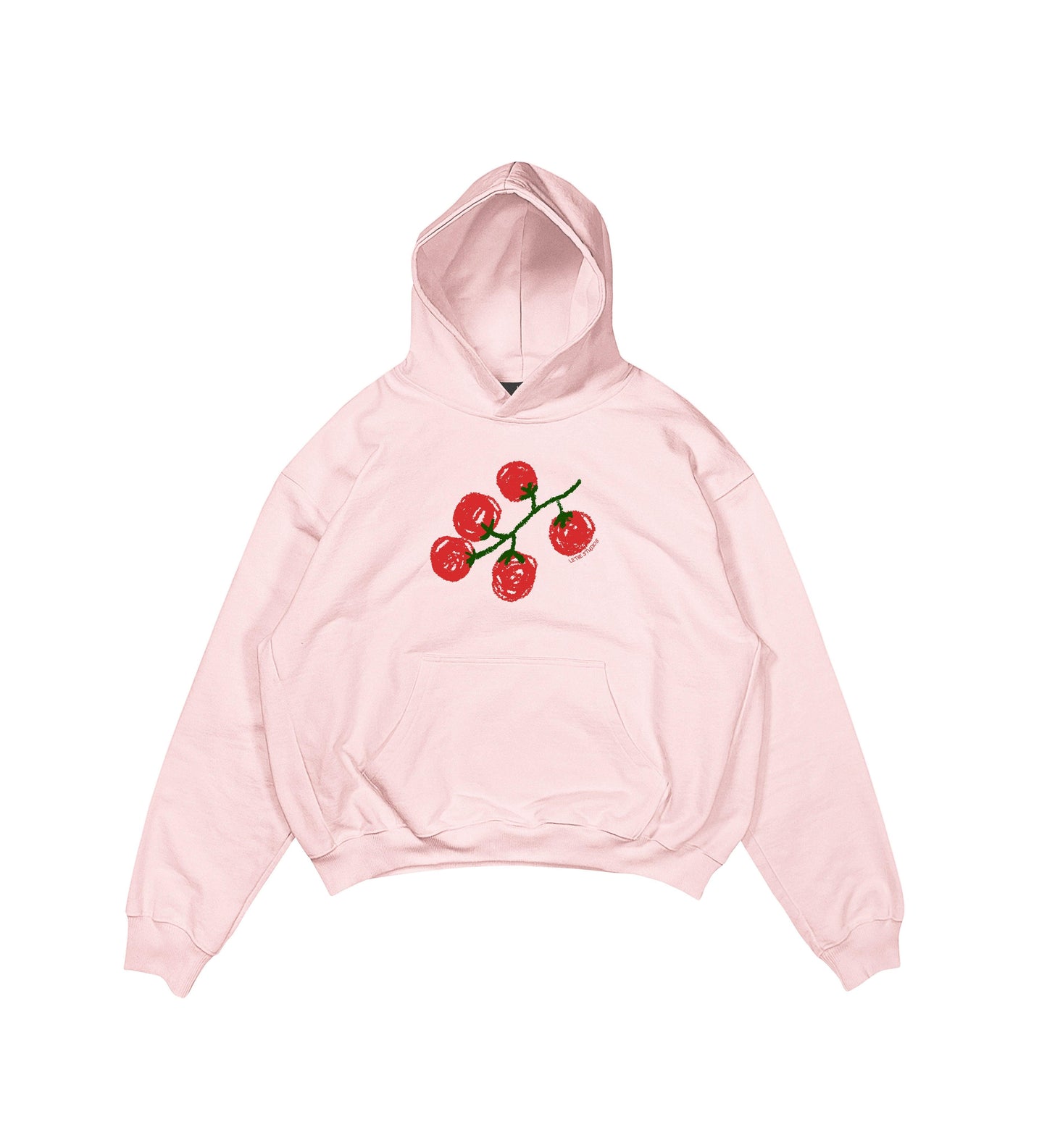 Aesthetic, tomatoes desenli, pinterest tarzı, günlük kullanıma uygun olarak pamuklu kumaştan üretilmiş oversize pembe renk hoodie.